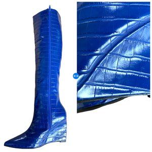 Miss Lola Sapphire Blue Embossed Faux Croc Pointy Toe Wedge Boots Sz 7.5